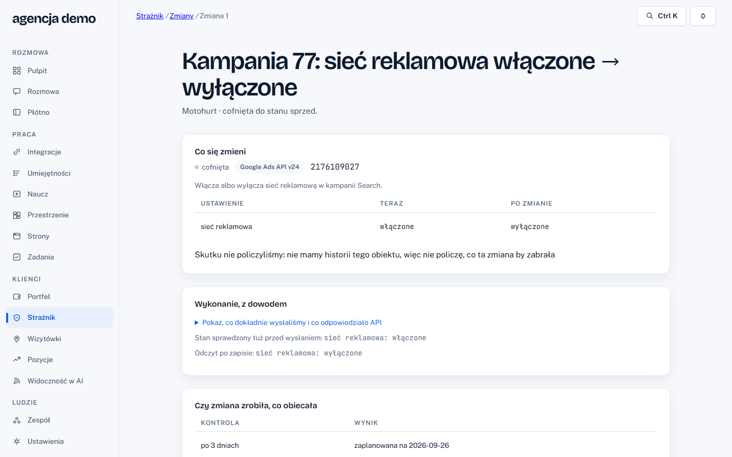 Zmiana na koncie klienta: stan przed i po, zgoda, dowód. Zrzut z demo, 2026-09-23.